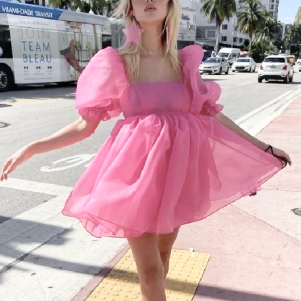 *NEW* Vibrant Pink Puff Sleeve Sheer Babydoll Dress
